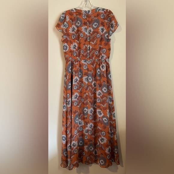 Madewell Terracotta Floral Short Flutter Sleeve Scoop Neck Midi Dress Size 6 - Picture 8 of 12